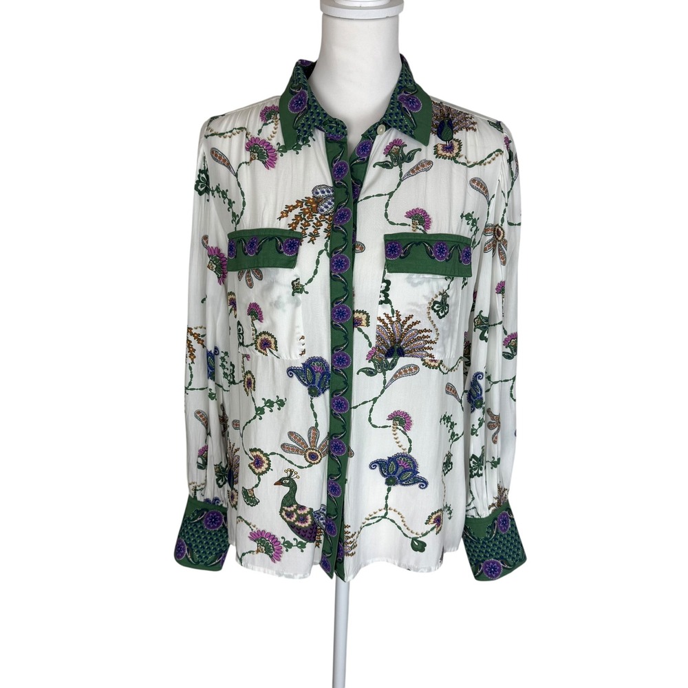 LOFT Womens Peacock Floral Button Down Shirt White Green Long Sleeve Small NEW